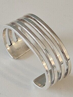 Vintage French Modern Michael Plumail Sterling Silver Multi Band Cuff Bracelet